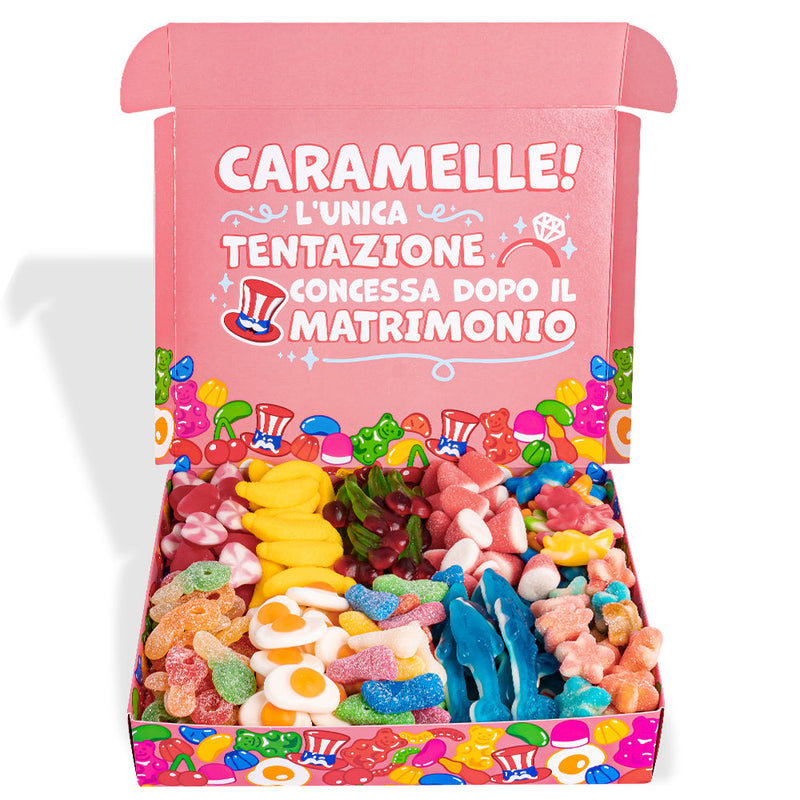 Candy box "Bride to be Happy", scatola di caramelle gommose da comporre con le preferite della sposa