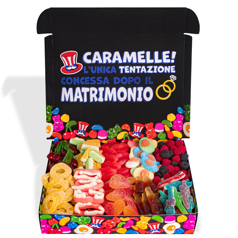 Candy box "Condannato a nozze", scatola di caramelle gommose da comporre con le preferite dello sposo