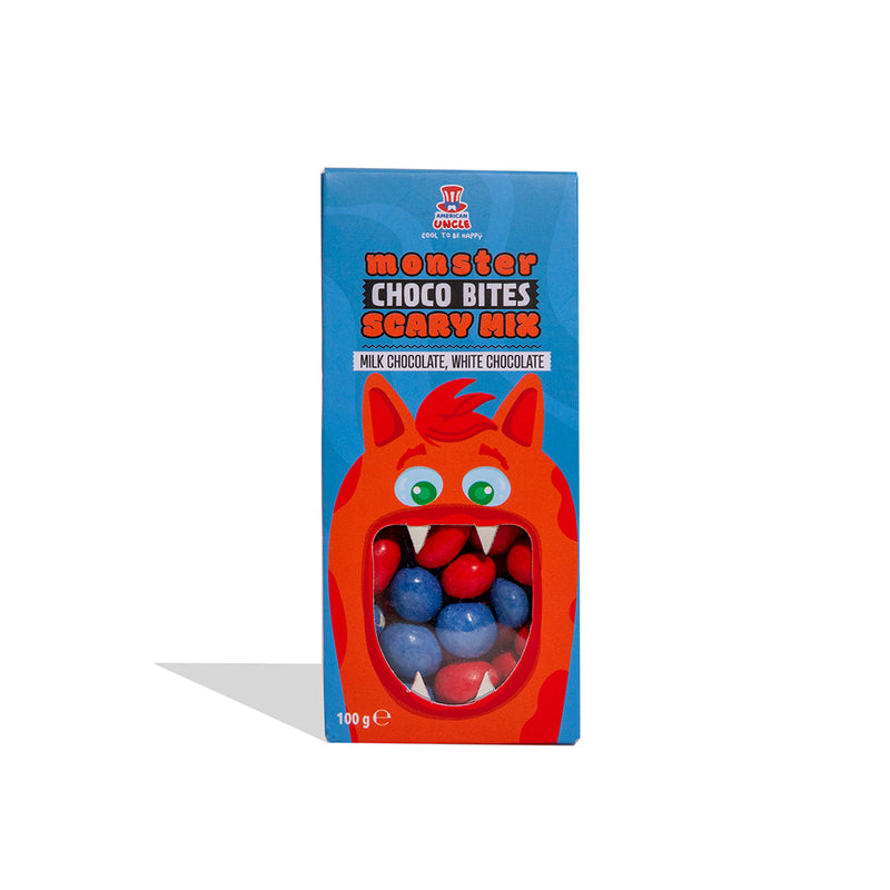 Monster Choco Bites Scary mix, arachidi tostate ricoperte da cioccolato al latte e cioccolato bianco da 100g