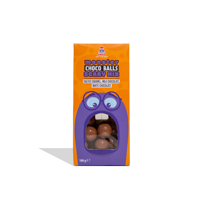 Monster Choco Balls Scary mix, bombones con leche rellenos de chocolate blanco, caramelo salado y chocolate con leche 100g