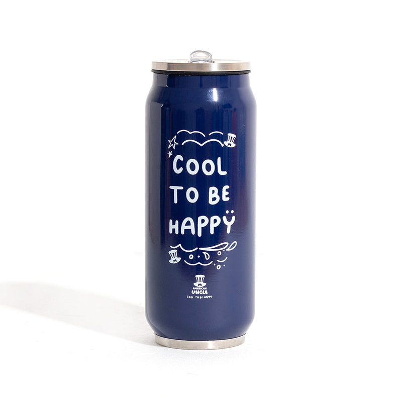 Cool to be Happy Water Bottle, 500ml Blue Steel Water Bottle with Integrated Antibacterial Straw