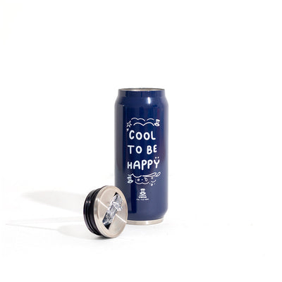 Cool to be Happy Water Bottle, 500ml Blue Steel Water Bottle with Integrated Antibacterial Straw