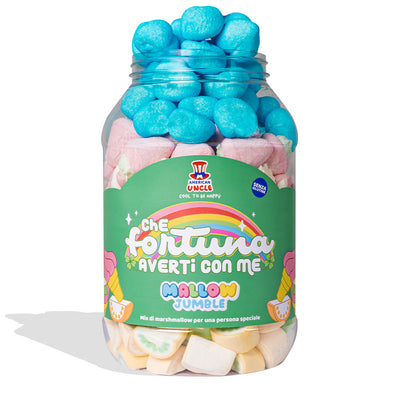 Mallow Jumble “Qué suerte tenerte conmigo”, tarro de malvaviscos para mezclar y combinar con tus sabores favoritos