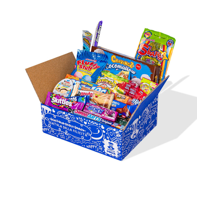 Sweet snack box with at least 20 international products