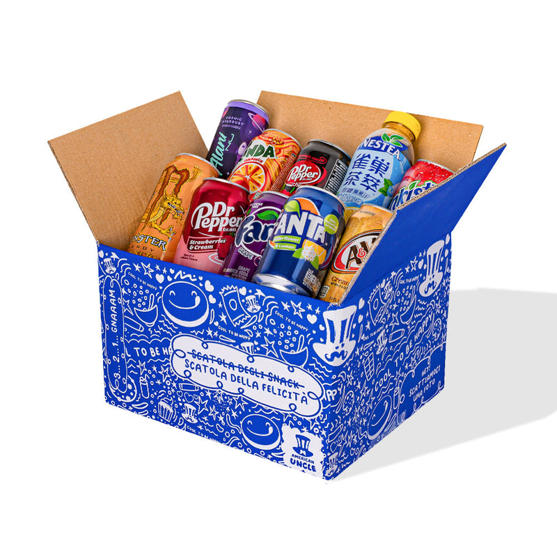 Bebidas snack box con al menos 10 bebidas internacionales.