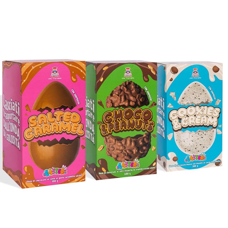 American Uncle Egg Choco &amp; Peanuts + Cookies &amp; Cream + Caramelo Salado, tres huevos de Pascua de diferentes sabores