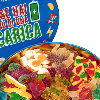 Candy Bucket "Apri se hai bisogno di una ricarica", latta di caramelle gommose da 3kg da comporre con i tuoi gusti preferiti