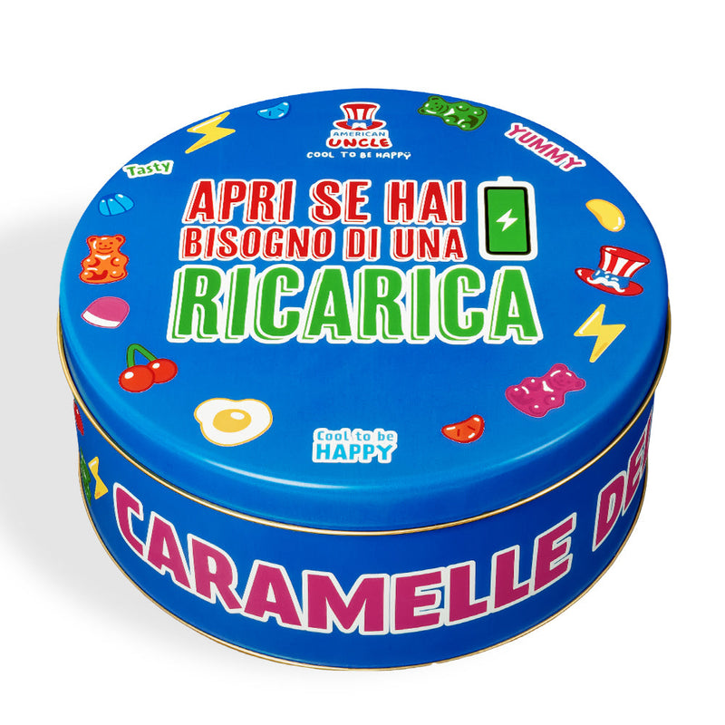 Candy Bucket "Apri se hai bisogno di una ricarica", latta di caramelle gommose da 3kg da comporre con i tuoi gusti preferiti