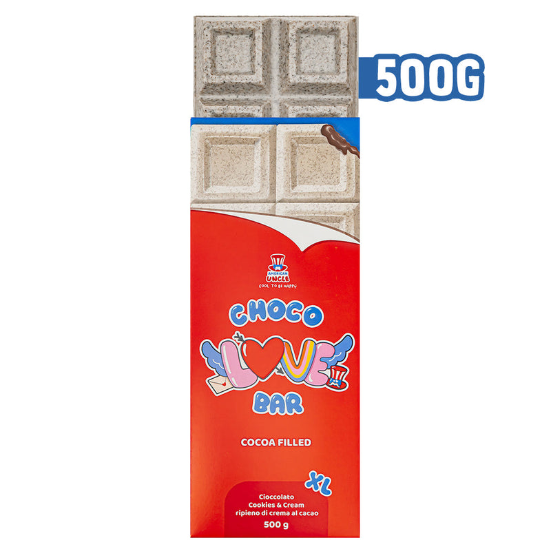 XL Cacao relleno Choco Love Bar, Cookies &amp; Cream chocolate relleno de crema de cacao 500g