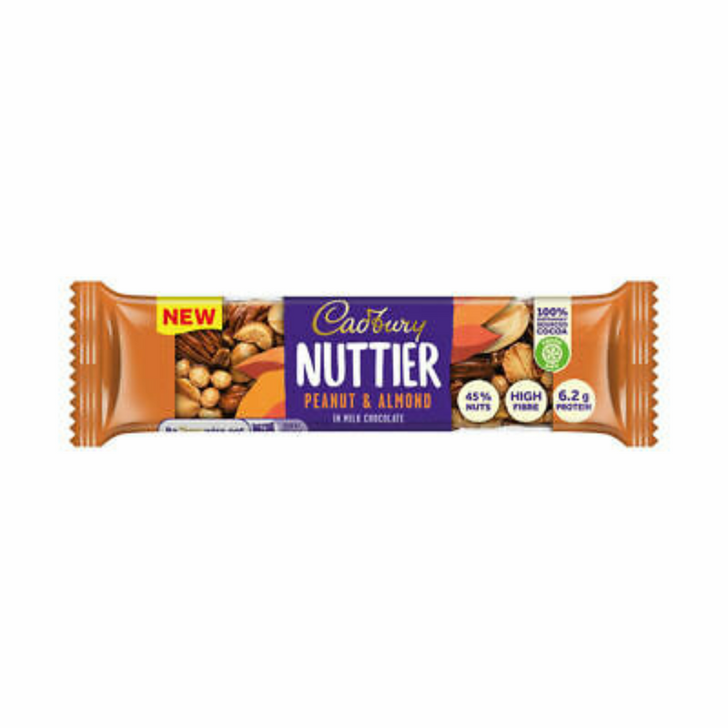 Cadbury Nuttier Almonds and Peanuts, barrita de almendras y cacahuete cubierta de chocolate con leche 40g