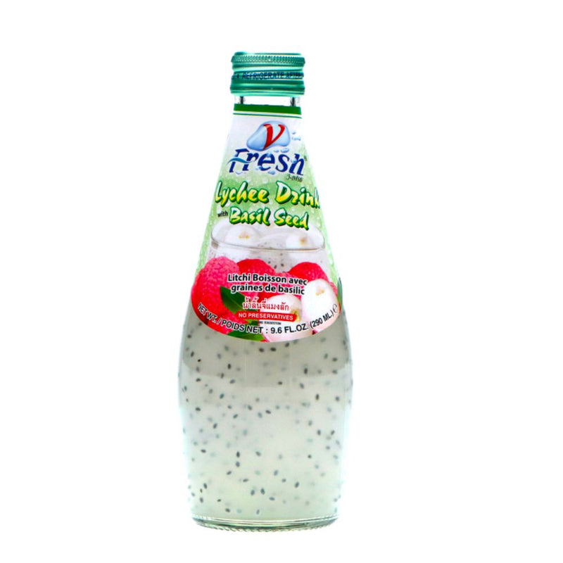 Fresh Lychee Tea Drink with Basil Seed, Thai green tea with lychee flavor and basil seeds 290ml