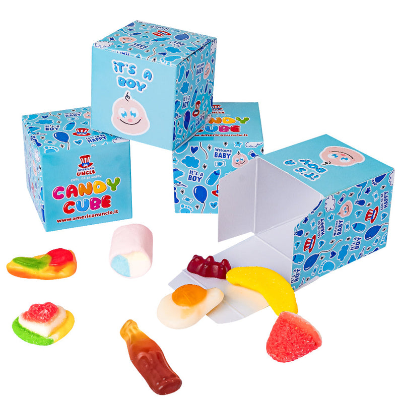 Kit Candy Cube “Es un niño”, cajas de gomitas de 50g ideales para baby shower o nacimientos (25, 50 o 75 piezas)