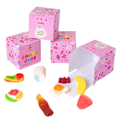 Kit Candy Cube “Es una niña”, cajas de gomitas de 50g ideales para baby shower o nacimientos (25, 50 o 75 uds)