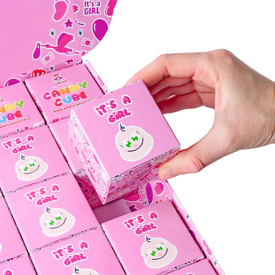 Kit Candy Cube “Es una niña”, cajas de gomitas de 50g ideales para baby shower o nacimientos (25, 50 o 75 uds)