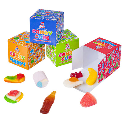 Candy Cube Kit "Party", cajas de gomitas de 50g ideales como gadgets de fin de fiesta (25, 50 o 75 uds)