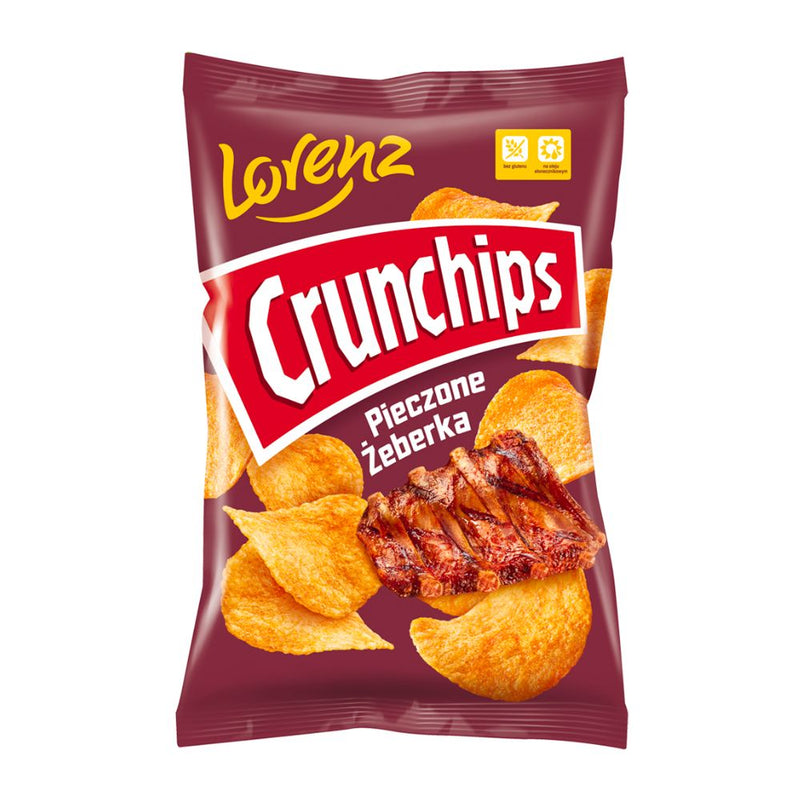 Confezione da 140g di patatine alla carne affumicata Lorenz Crunchips Pieczone Zeberka 