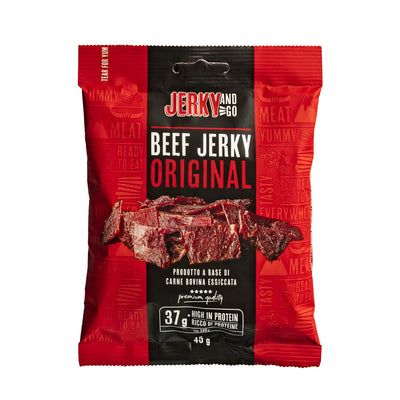 Confezione da 45g di carne secca a base di bovino Jerky and Go Beef Jerky Original