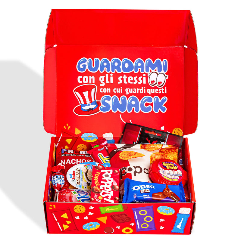 Snack Box “Love in a box”, caja sorpresa de 20 snacks y bebidas dulces, salados