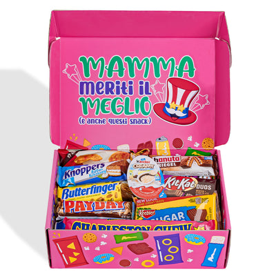 Snack Box “Mamá estás fenomenal”, caja sorpresa de 20 snacks y bebidas dulces, salados para mamá