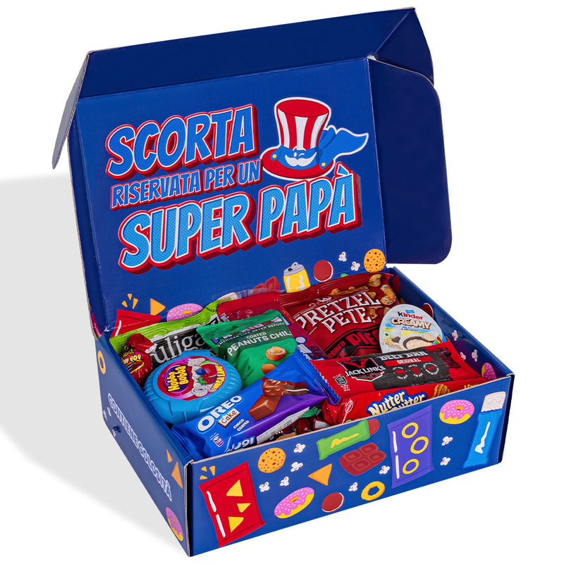 Snack Box “Papà migliore del mondo”, scatola a sorpresa da 20 snack dolci, salati e bevande per il papà