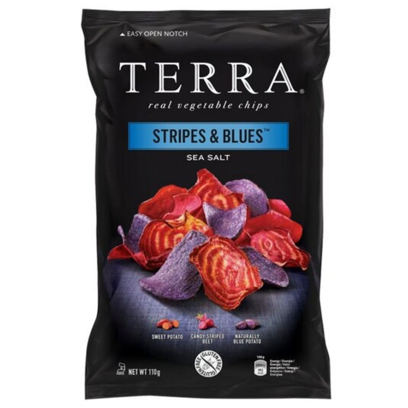 Terra Real Vegetable Chips Stripe & Blues, patate dolci e chips di ravanello con sale marino da 110g