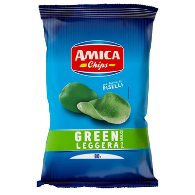 Confezione da 80g di patatine al gusto di basilico Amica Chips Green