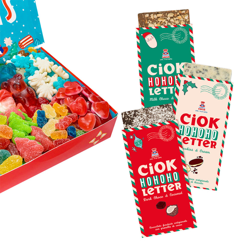 Candy box Holidays Edition + 3 ChocoLetter, 1kg box of gummy sweets and three artisanal chocolate bars