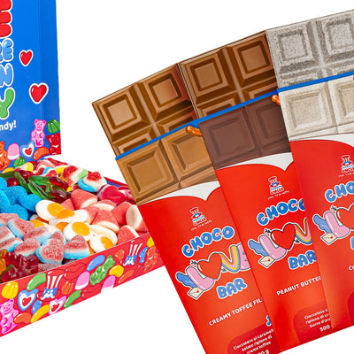 Confezione di Candu Love box e 3 tavolette XL Choco love Bar da 500g