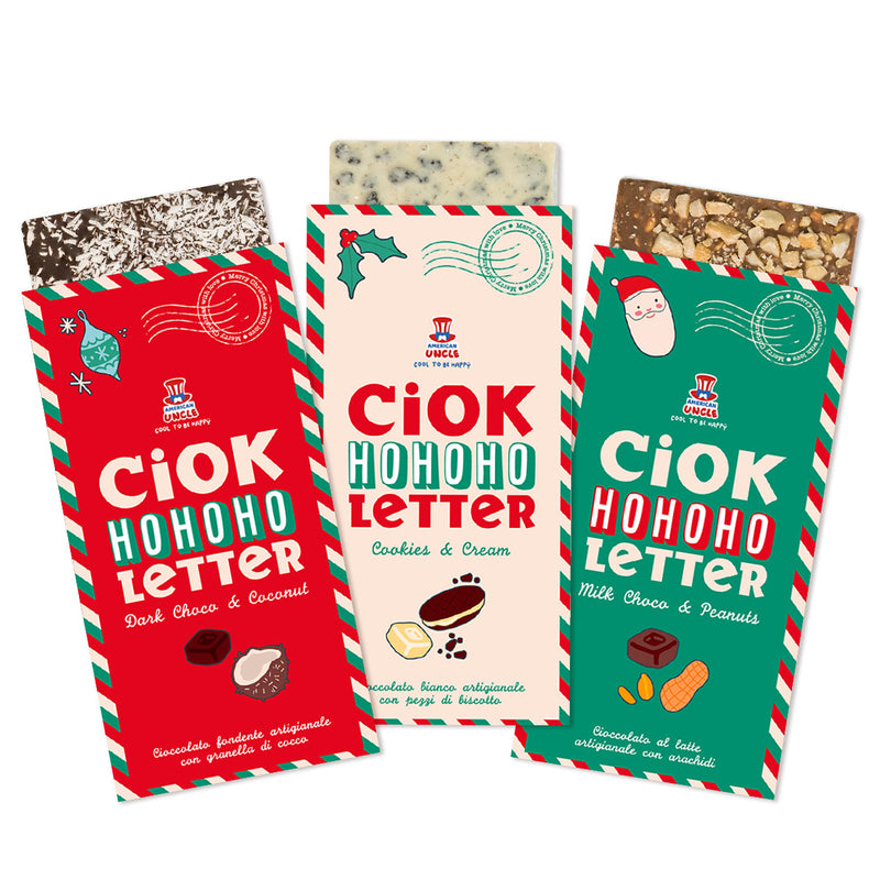 ChocoLetter Cookies &amp; Cream + Dark Choco &amp; Coconut + Milk Choco &amp; Peanuts, 3 artisanal chocolate bars of 100g