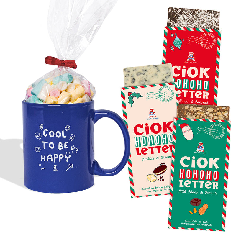 Mug Cool to be Happy + sacchetto di caramelle gommose da 100g + 3 ChocoLetter da 100g