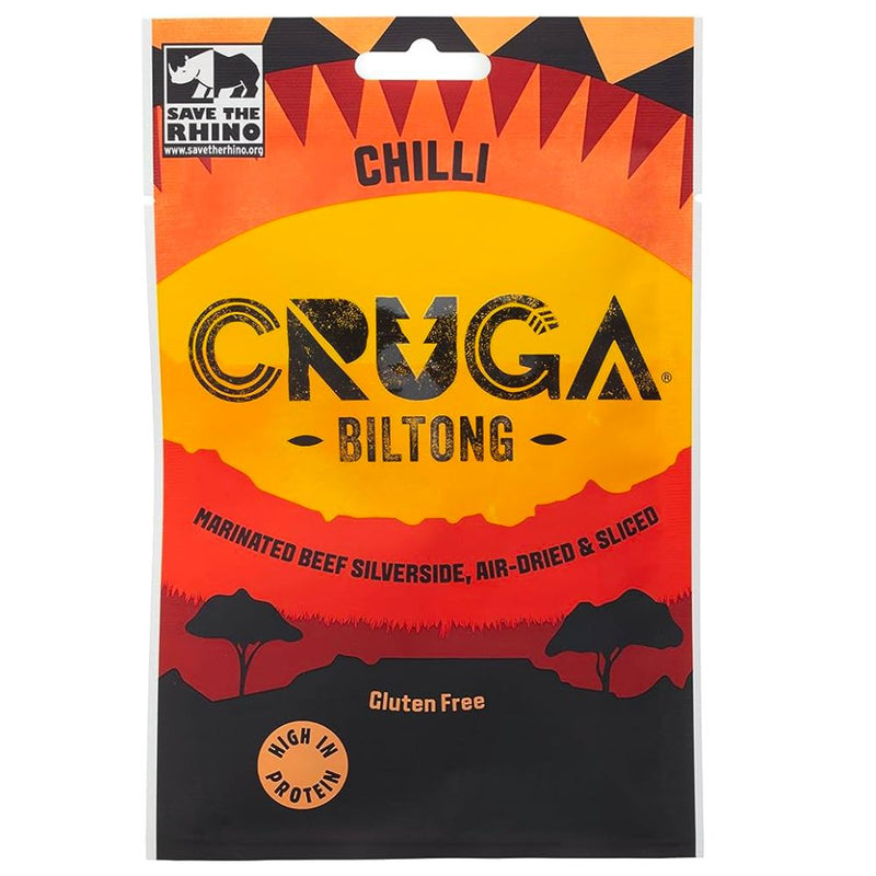 Confezione da 25g di carne secca piccante Cruga Beef Biltong Chilli