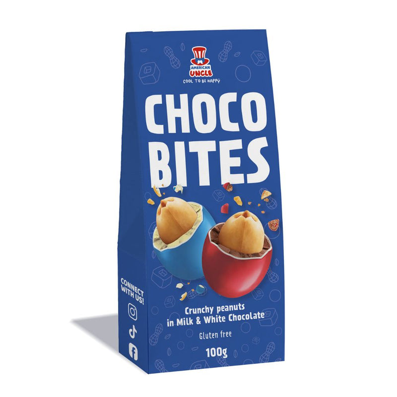 Choco Bites, grageas con maní tostado cubiertas de chocolate con leche y blanco, 100g