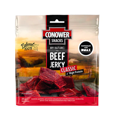 Confezione da 25g di carne secca al manzo Conower Snacks Beef Jerky Classic