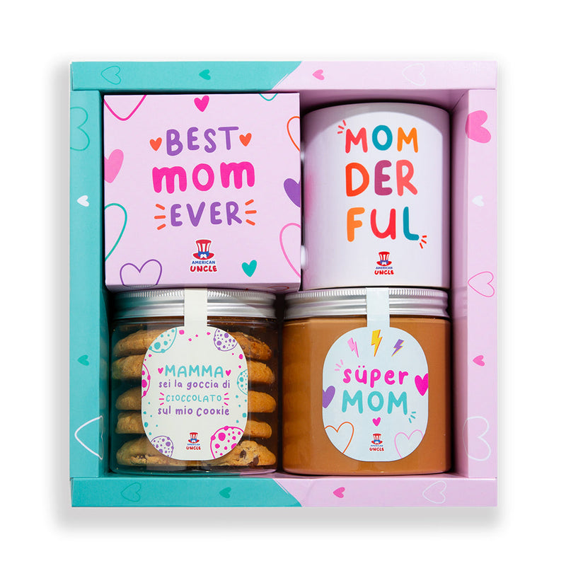 Mom Gift Box, caja regalo para mamá con galletas multisabores, crema de caramelo salado y taza Momderful