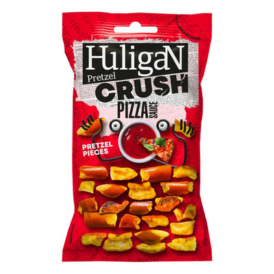 Confezione da 65g di pretzel alla pizza Huligan Pretzel Crush Pizza Sauce