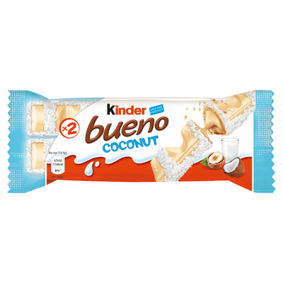 Kinder Bueno Coconut, wafer ricoperti di cocco e cioccolato bianco con ripieno di crema alla nocciola da 39g