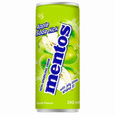 Confezione da 240ml di soft drink alla mela con pezzi di cocco Mentos Soda Drink Mela