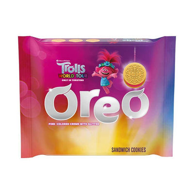 Oreo Trolls Golden Pink Glitter Creme, biscotti oreo con crema rosa da 303g (4693590212705)