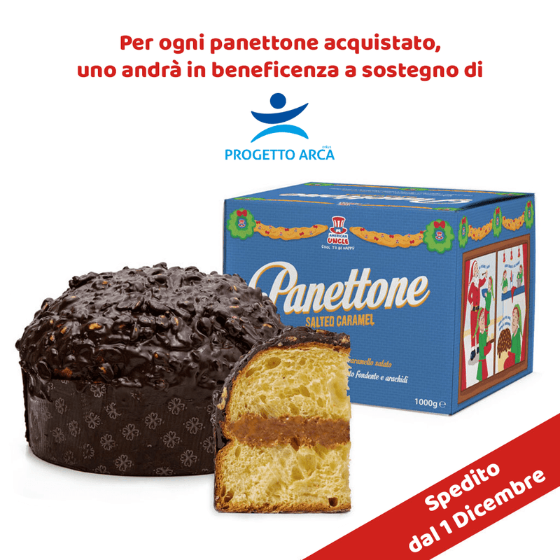 Il Panettone di American Uncle, ripieno al caramello salato con copertura al cioccolato fondente e arachidi