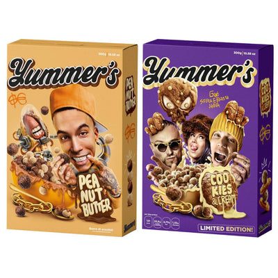 2 confezioni di cereali Yummer's di Sfera Ebbasta al burro d'arachidi e al cookies and cream  da 300g