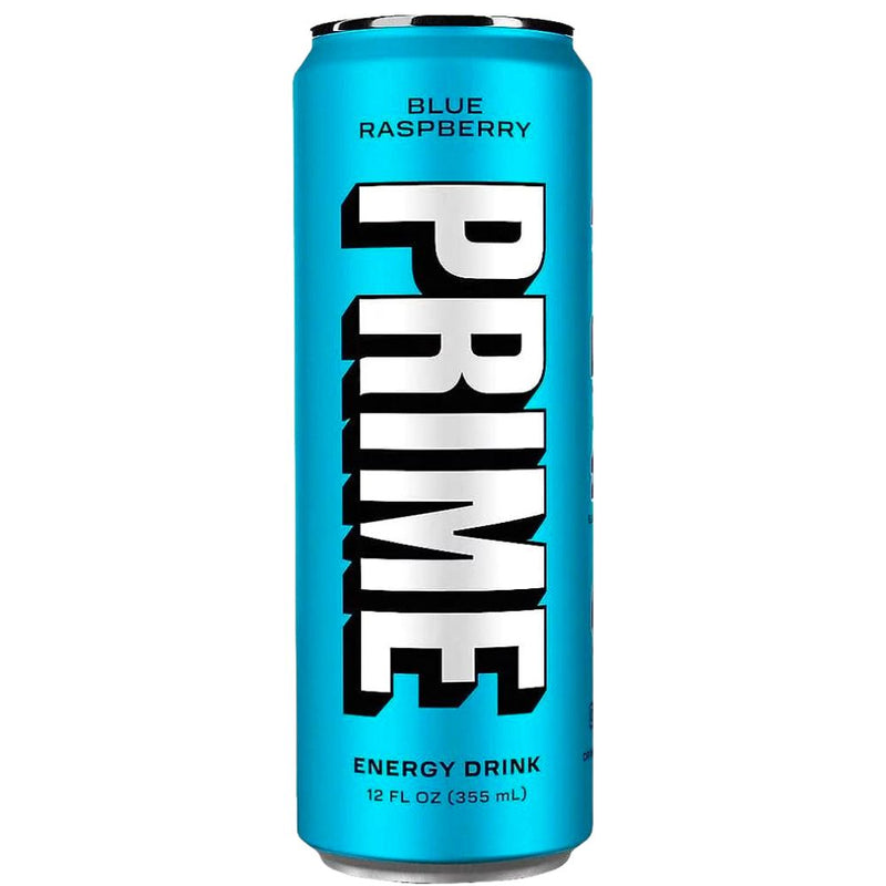 Confezione da 355ml di energy drink di Logan Paul al gusto lampone Prime Blue Raspberry