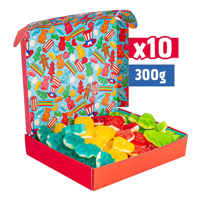 10x Mini Candy Box 300g, caja de regalo de gomitas con temática navideña